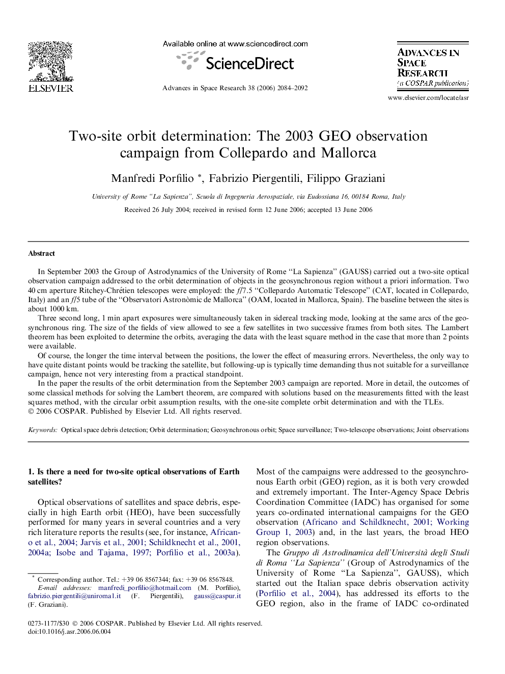 Two-site orbit determination: The 2003 GEO observation campaign from Collepardo and Mallorca