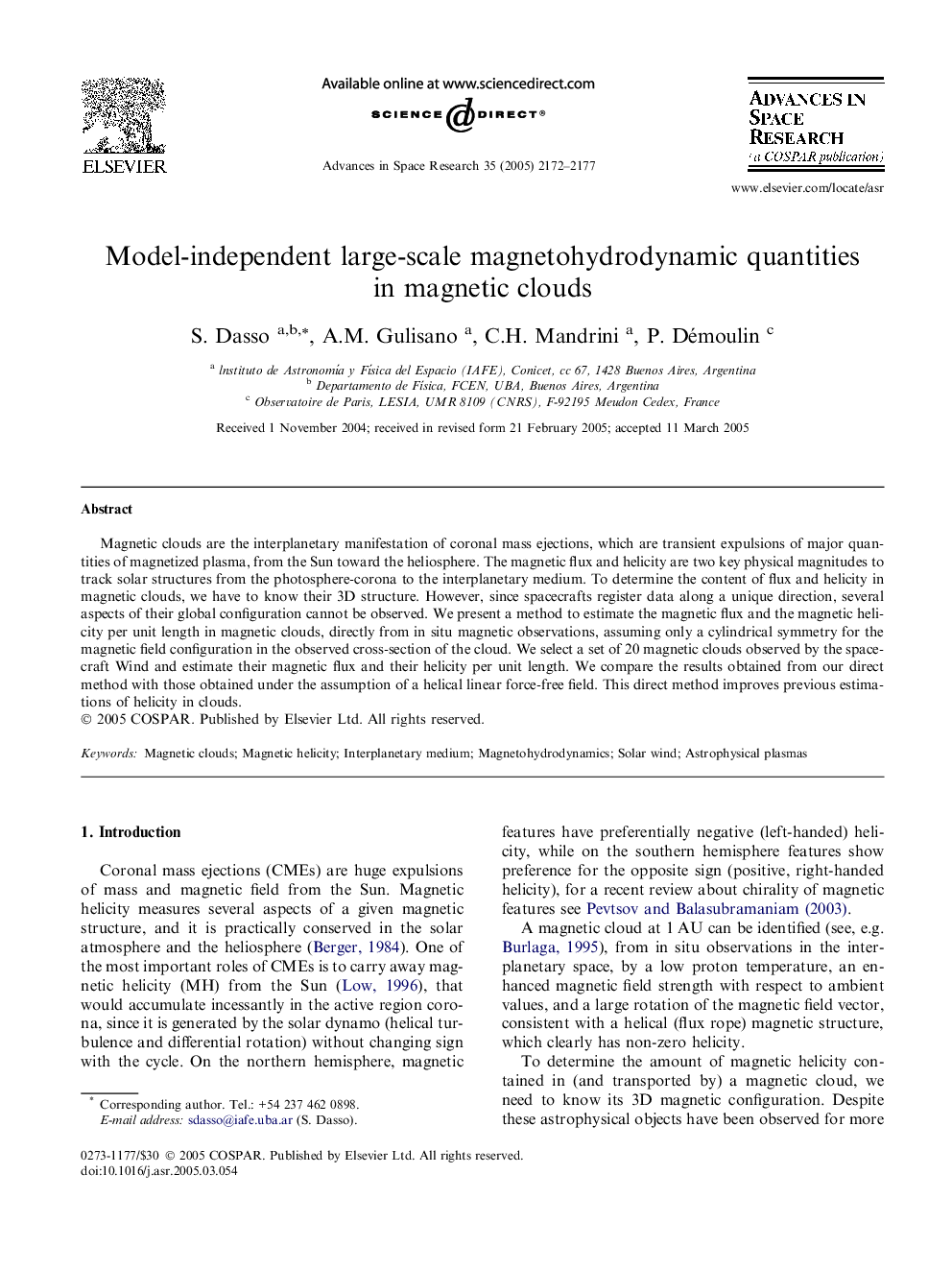 Model-independent large-scale magnetohydrodynamic quantities in magnetic clouds