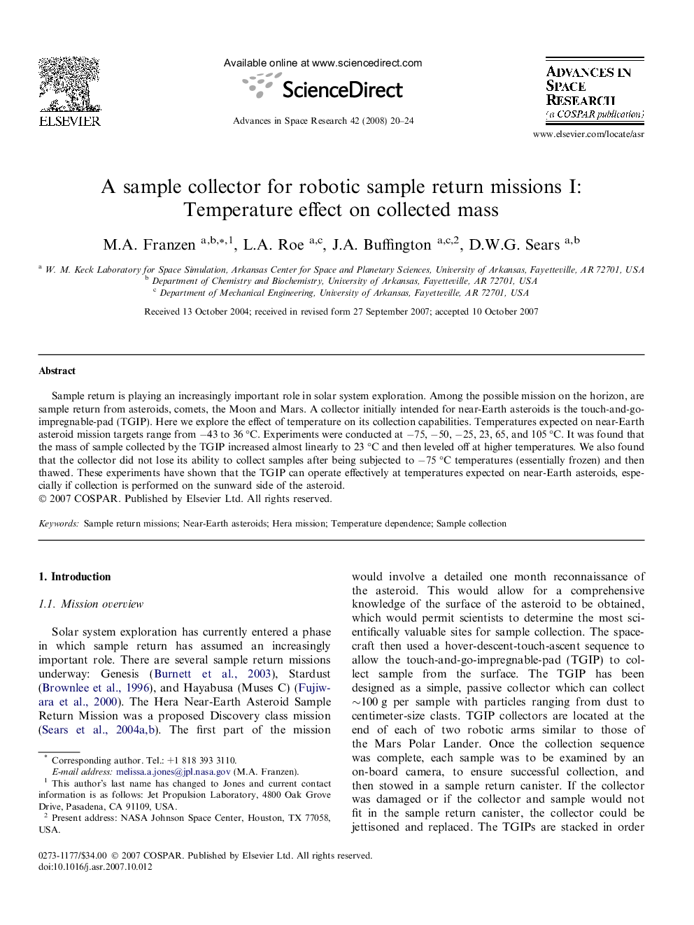 A sample collector for robotic sample return missions I: Temperature effect on collected mass