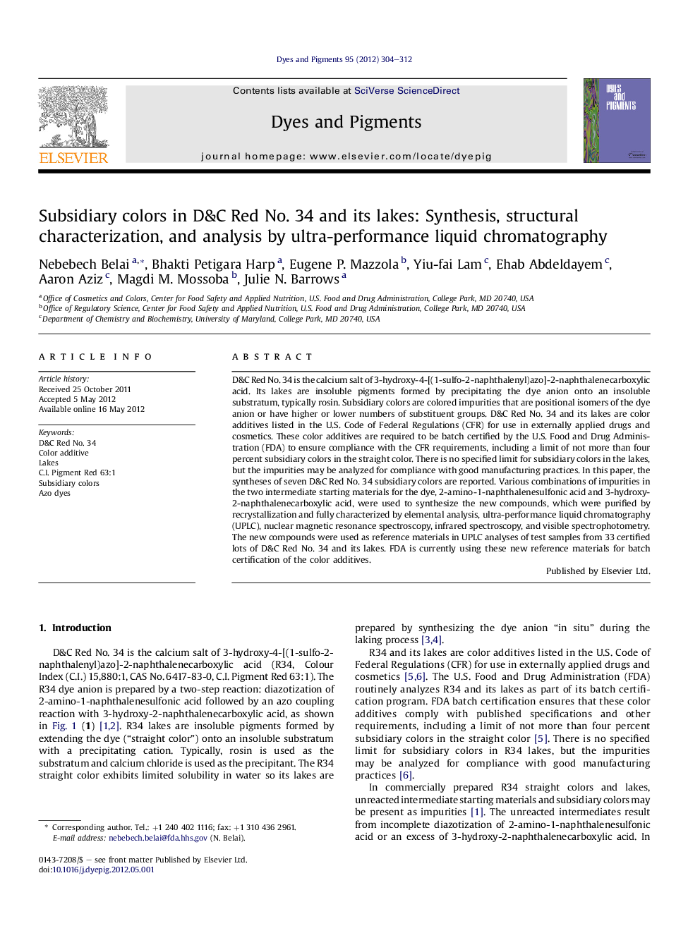 Subsidiary colors in D&C Red No. 34 and its lakes: Synthesis, structural characterization, and analysis by ultra-performance liquid chromatography