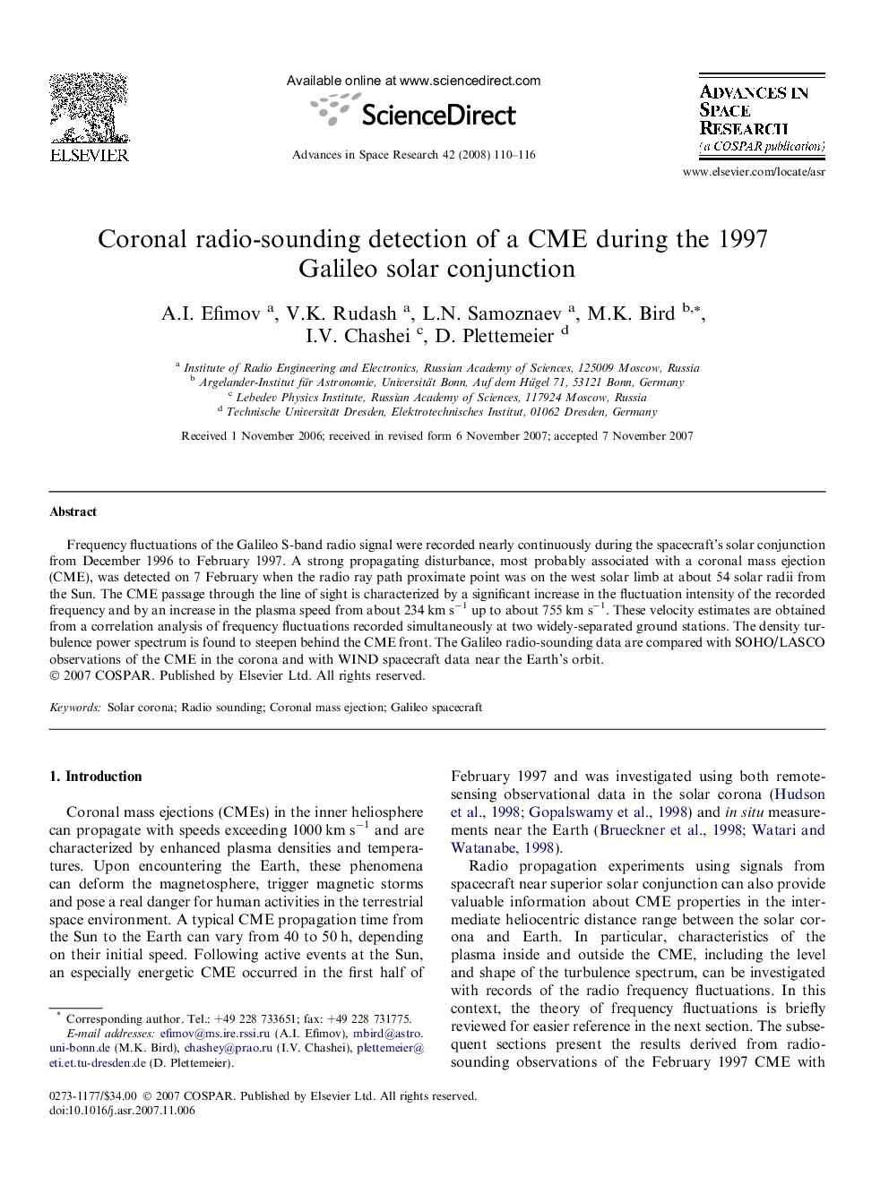 Coronal radio-sounding detection of a CME during the 1997 Galileo solar conjunction