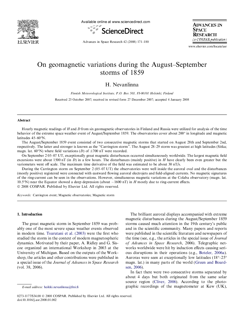 On geomagnetic variations during the August-September storms of 1859