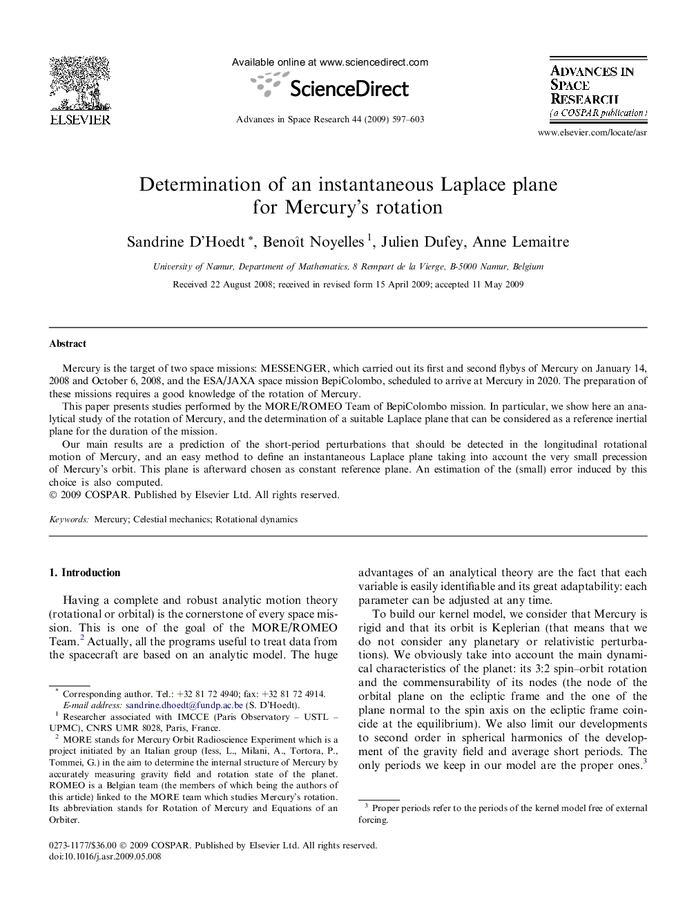 Determination of an instantaneous Laplace plane for Mercury's rotation