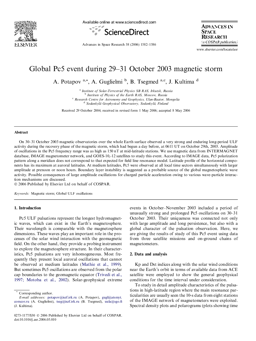 Global Pc5 event during 29-31 October 2003 magnetic storm