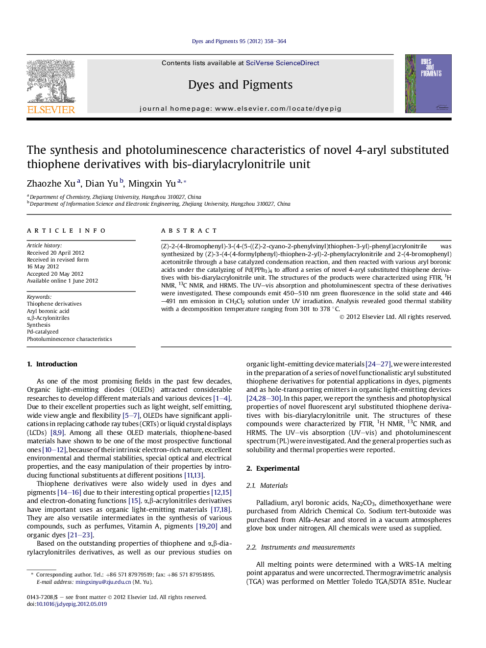 The synthesis and photoluminescence characteristics of novel 4-aryl substituted thiophene derivatives with bis-diarylacrylonitrile unit