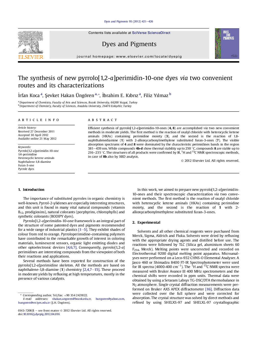 The synthesis of new pyrrolo[1,2-a]perimidin-10-one dyes via two convenient routes and its characterizations