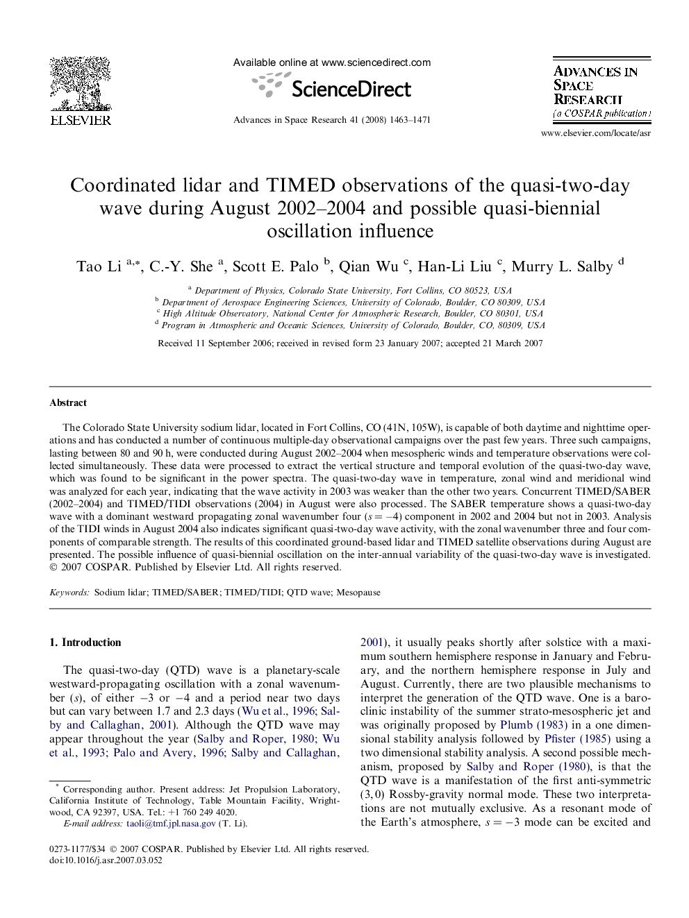 Coordinated lidar and TIMED observations of the quasi-two-day wave during August 2002-2004 and possible quasi-biennial oscillation influence