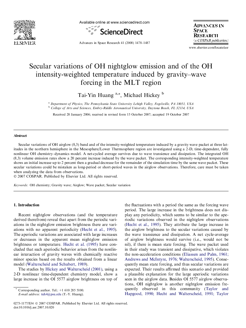 Secular variations of OH nightglow emission and of the OH intensity-weighted temperature induced by gravity-wave forcing in the MLT region