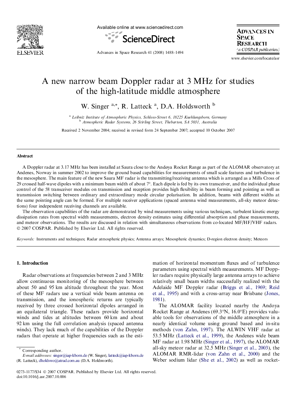 A new narrow beam Doppler radar at 3Â MHz for studies of the high-latitude middle atmosphere