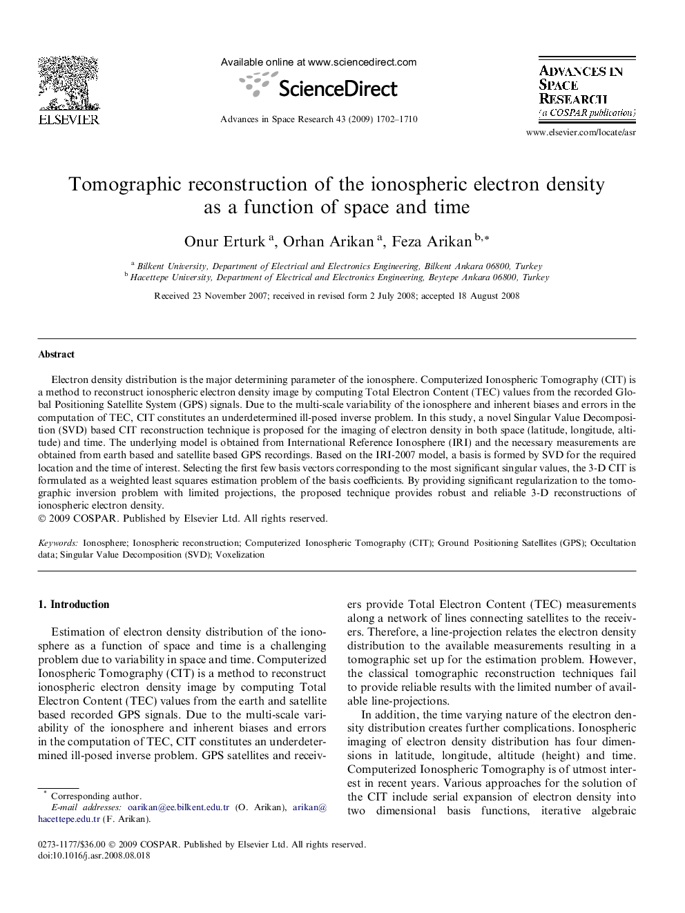 Tomographic reconstruction of the ionospheric electron density as a function of space and time