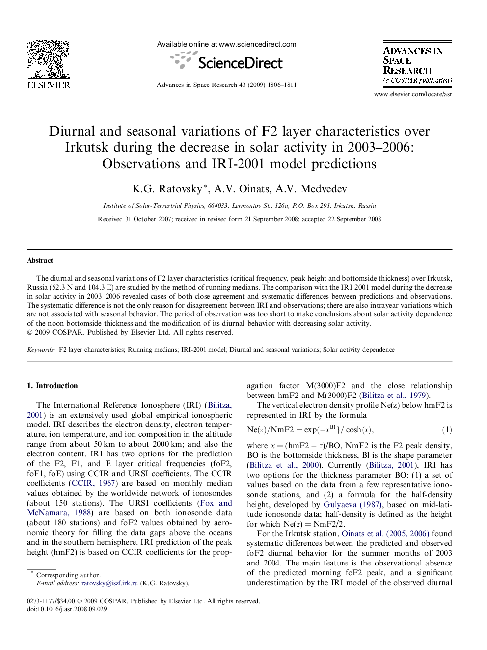 Diurnal and seasonal variations of F2 layer characteristics over Irkutsk during the decrease in solar activity in 2003-2006: Observations and IRI-2001 model predictions