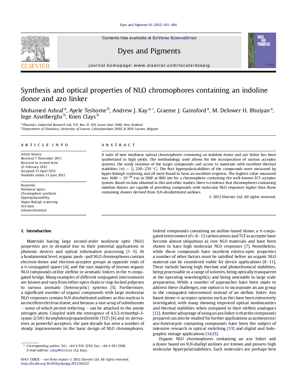 Synthesis and optical properties of NLO chromophores containing an indoline donor and azo linker