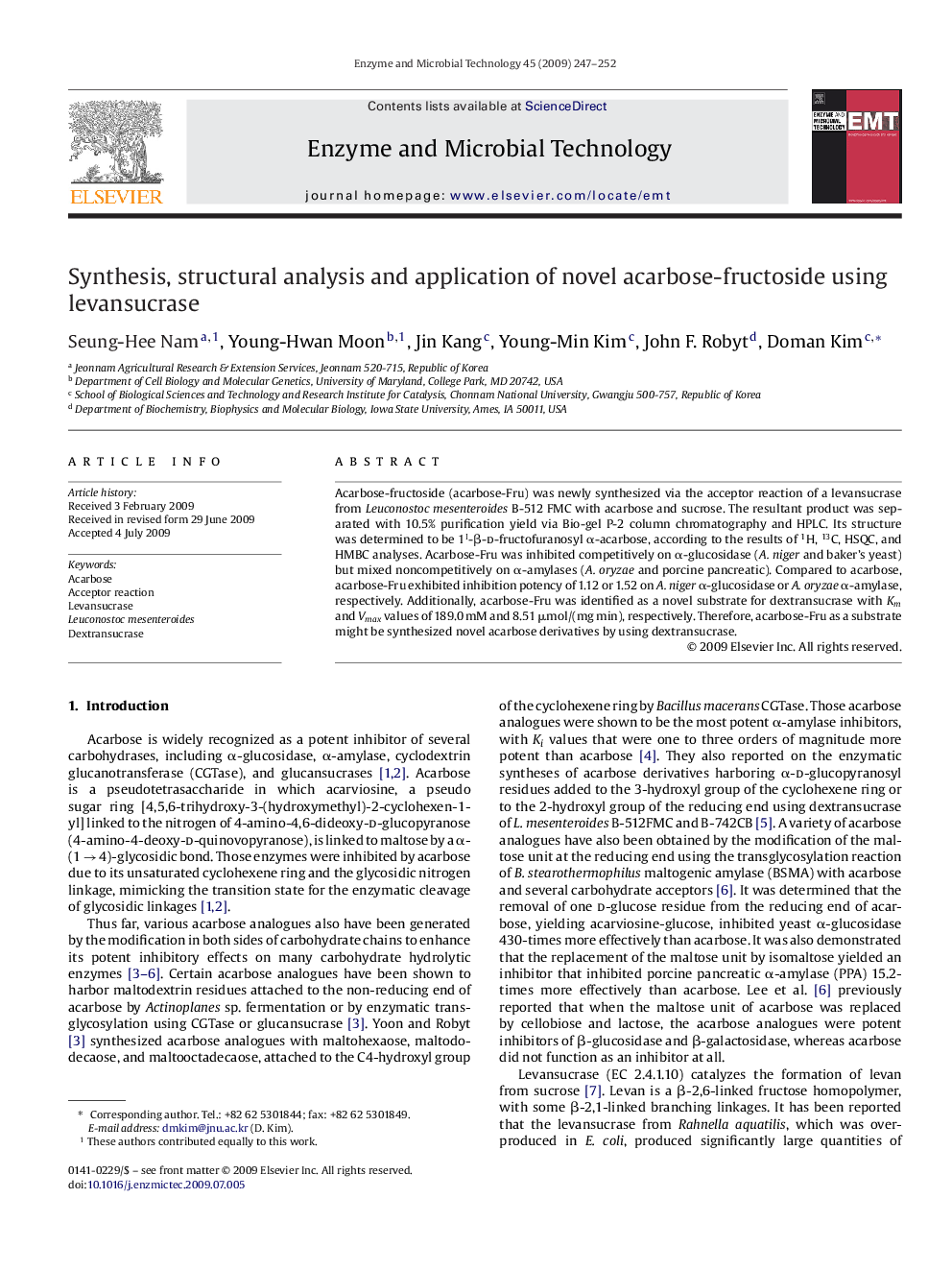 Synthesis, structural analysis and application of novel acarbose-fructoside using levansucrase