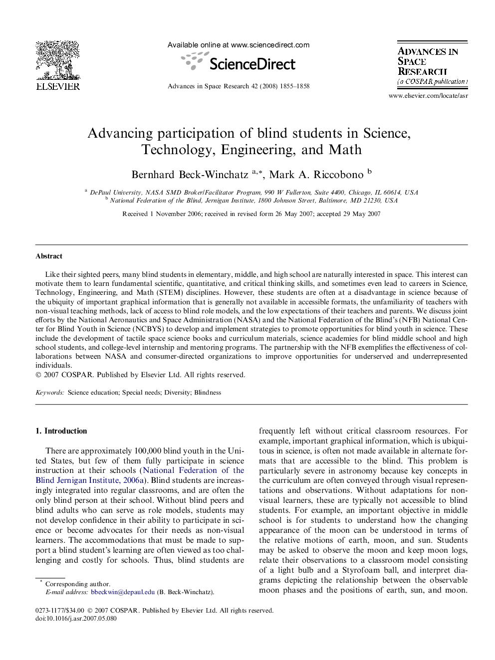 Advancing participation of blind students in Science, Technology, Engineering, and Math