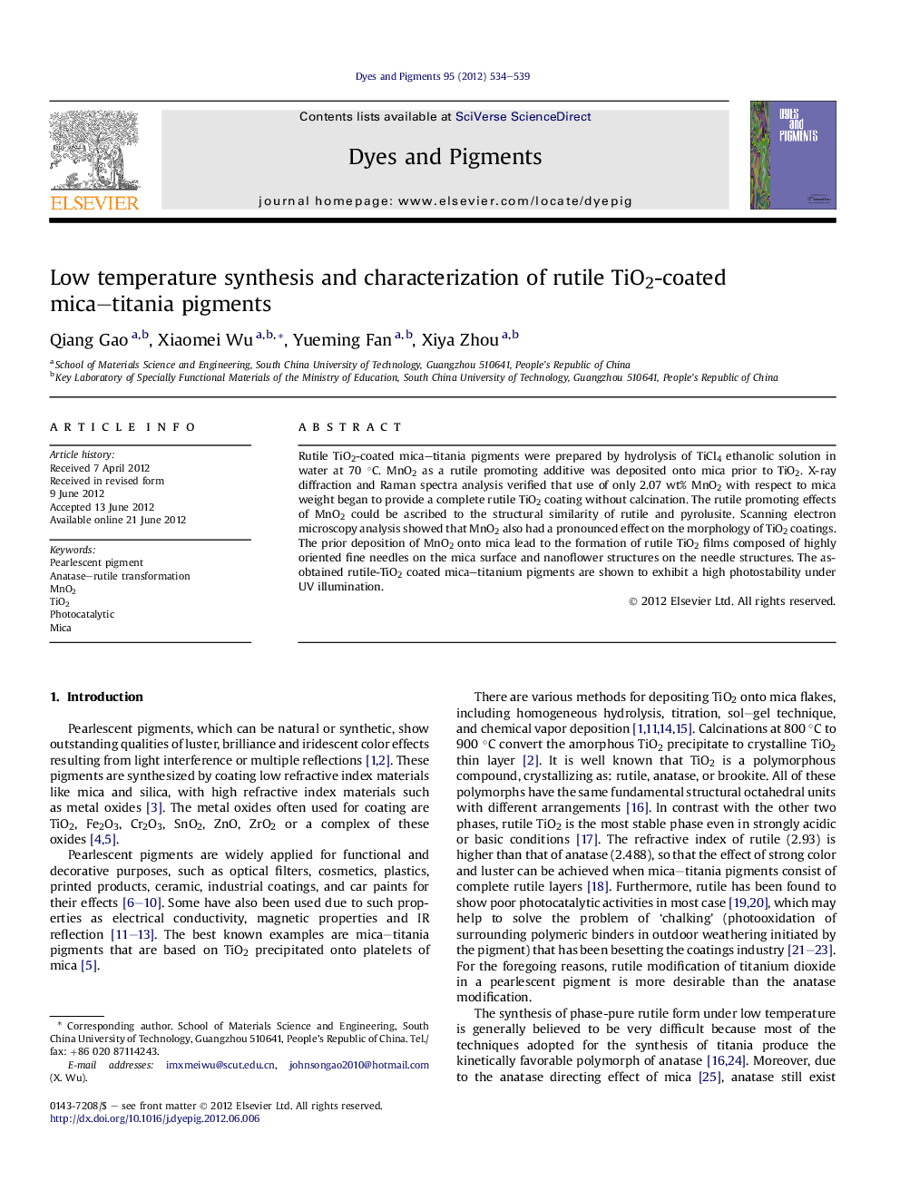 Low temperature synthesis and characterization of rutile TiO2-coated mica–titania pigments