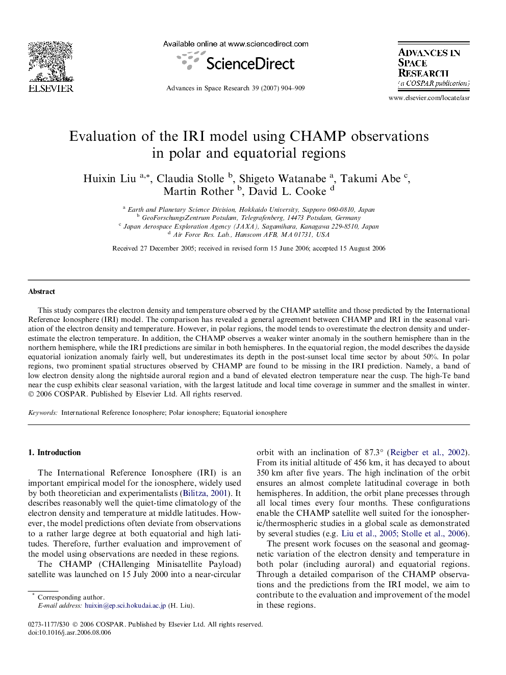 Evaluation of the IRI model using CHAMP observations in polar and equatorial regions