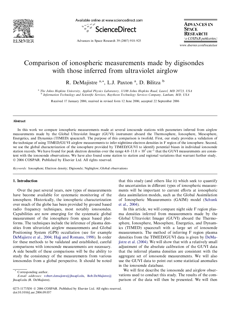 Comparison of ionospheric measurements made by digisondes with those inferred from ultraviolet airglow