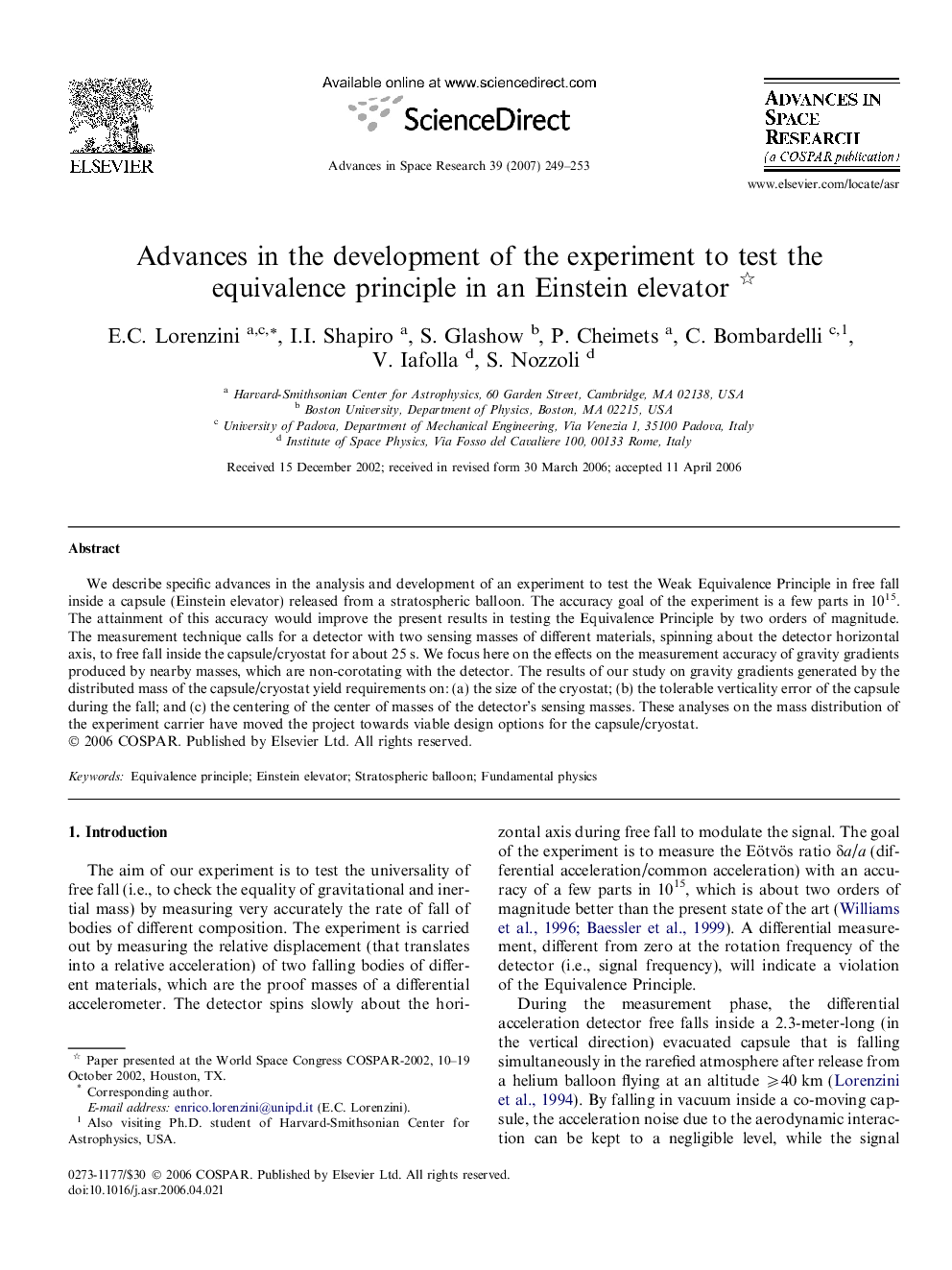 Advances in the development of the experiment to test the equivalence principle in an Einstein elevator 