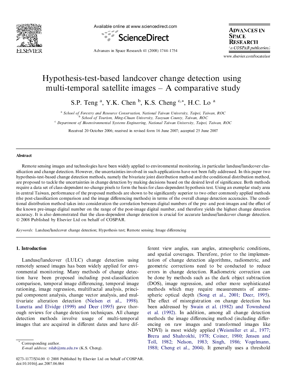 Hypothesis-test-based landcover change detection using multi-temporal satellite images – A comparative study