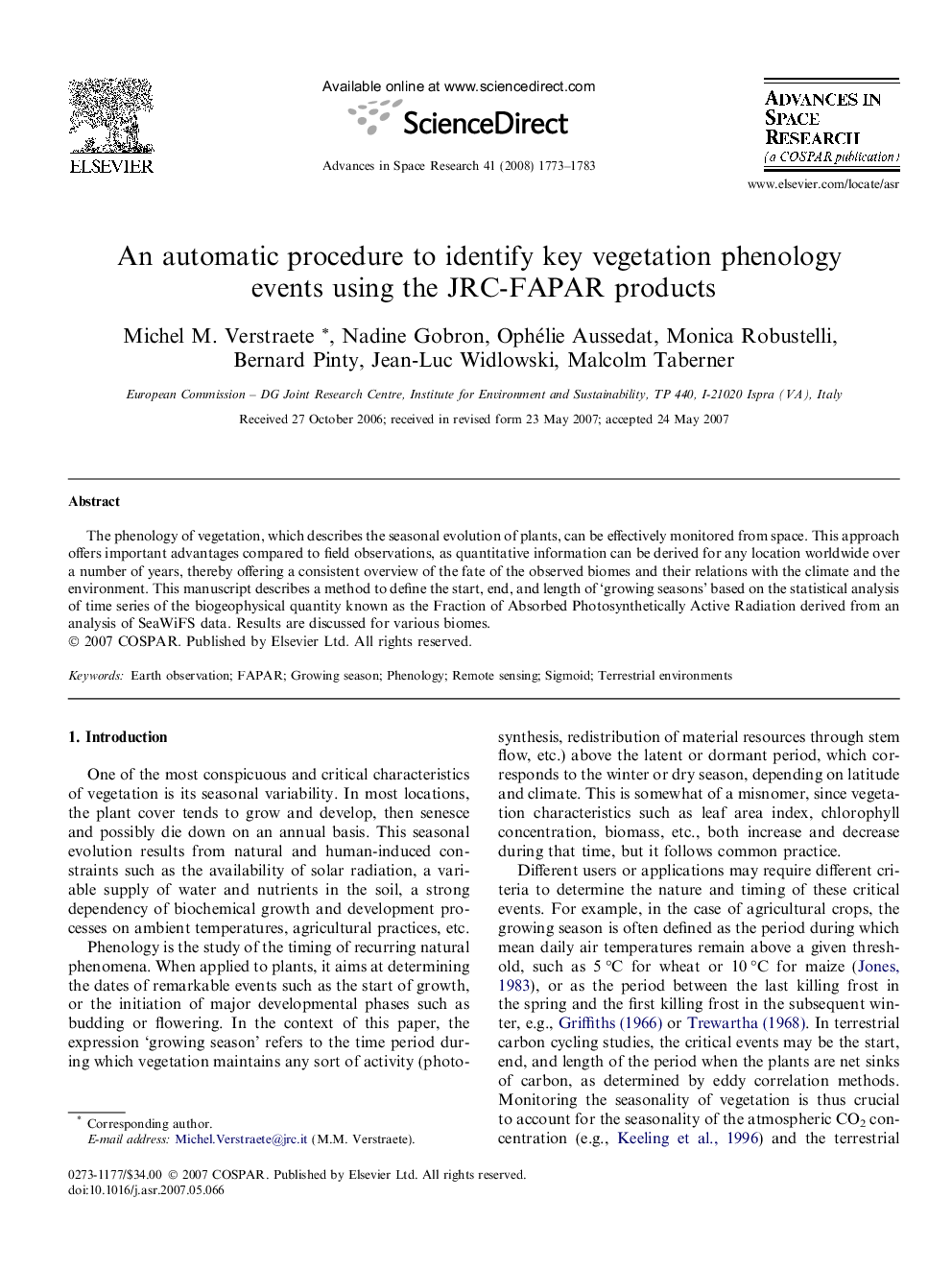 An automatic procedure to identify key vegetation phenology events using the JRC-FAPAR products