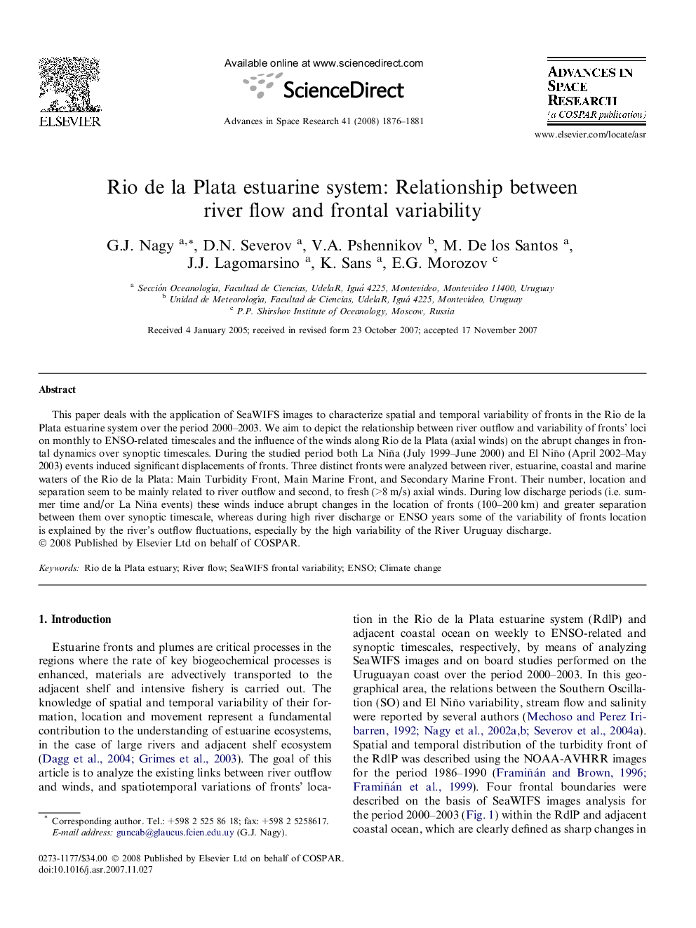 Rio de la Plata estuarine system: Relationship between river flow and frontal variability