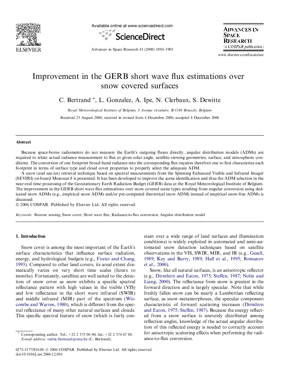 Improvement in the GERB short wave flux estimations over snow covered surfaces