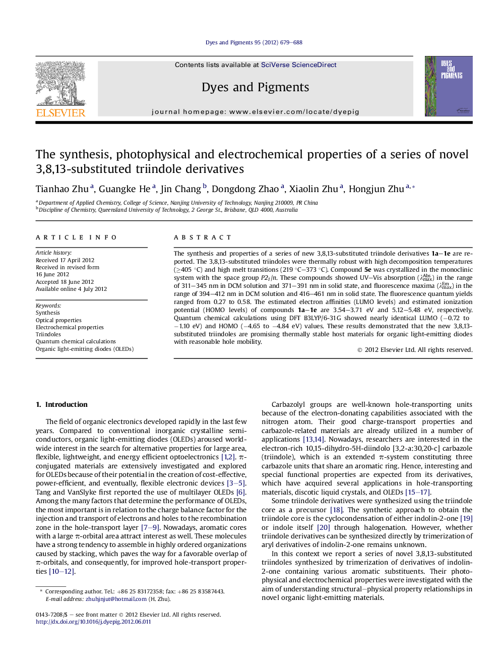 The synthesis, photophysical and electrochemical properties of a series of novel 3,8,13-substituted triindole derivatives