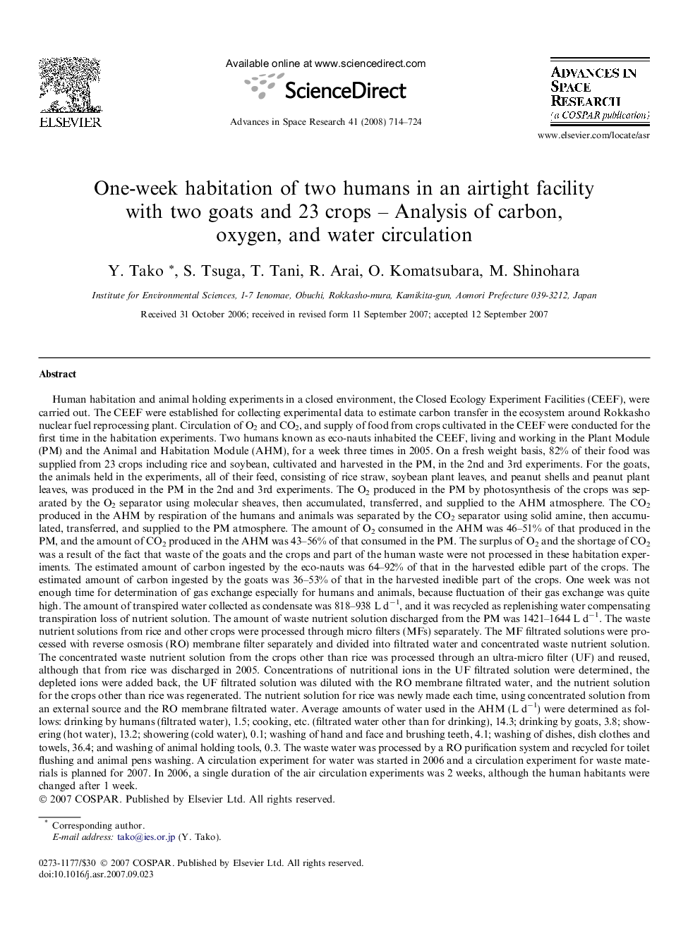 One-week habitation of two humans in an airtight facility with two goats and 23 crops – Analysis of carbon, oxygen, and water circulation