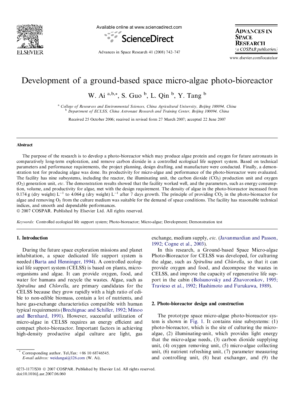 Development of a ground-based space micro-algae photo-bioreactor