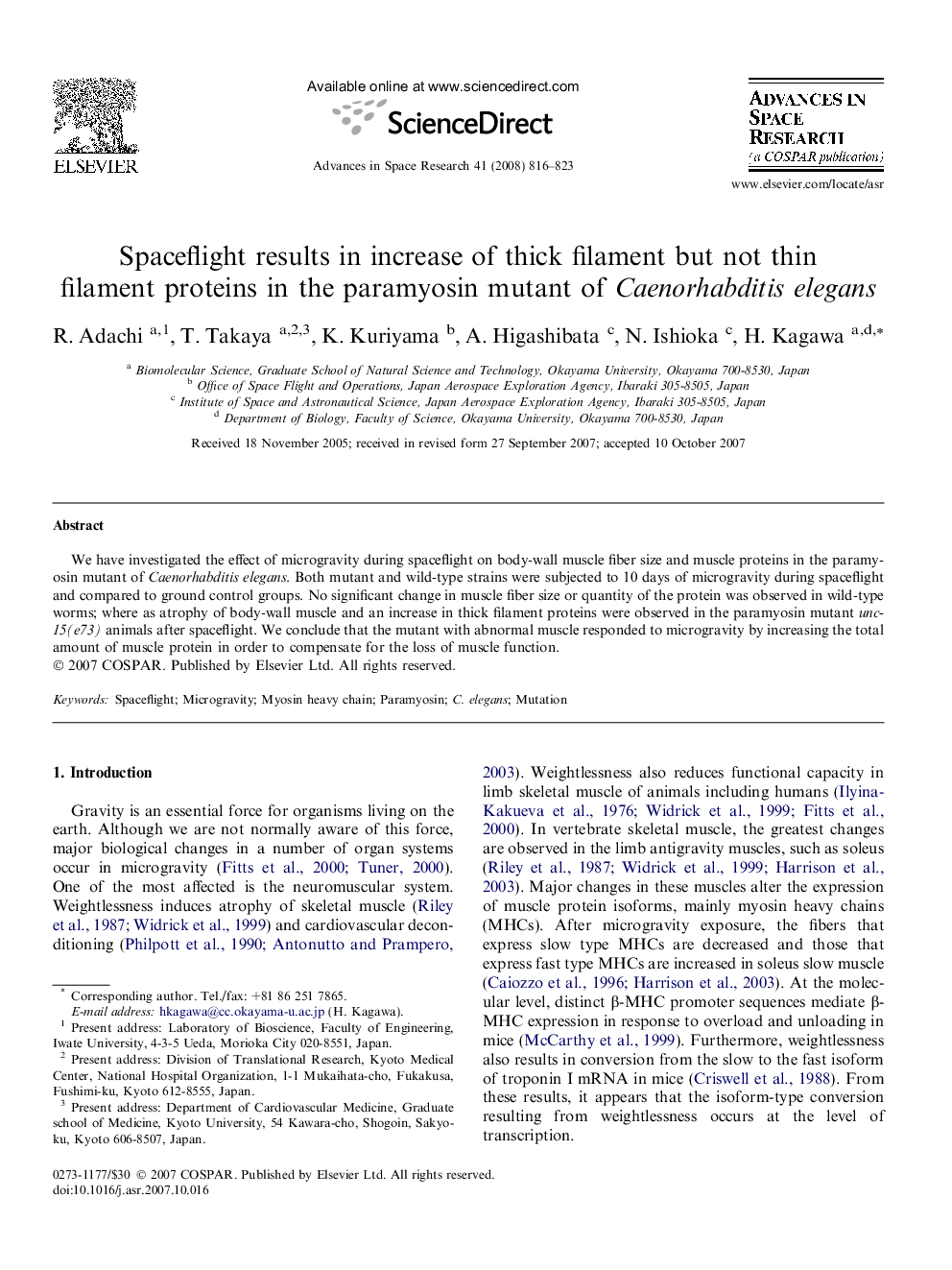 Spaceflight results in increase of thick filament but not thin filament proteins in the paramyosin mutant of Caenorhabditis elegans