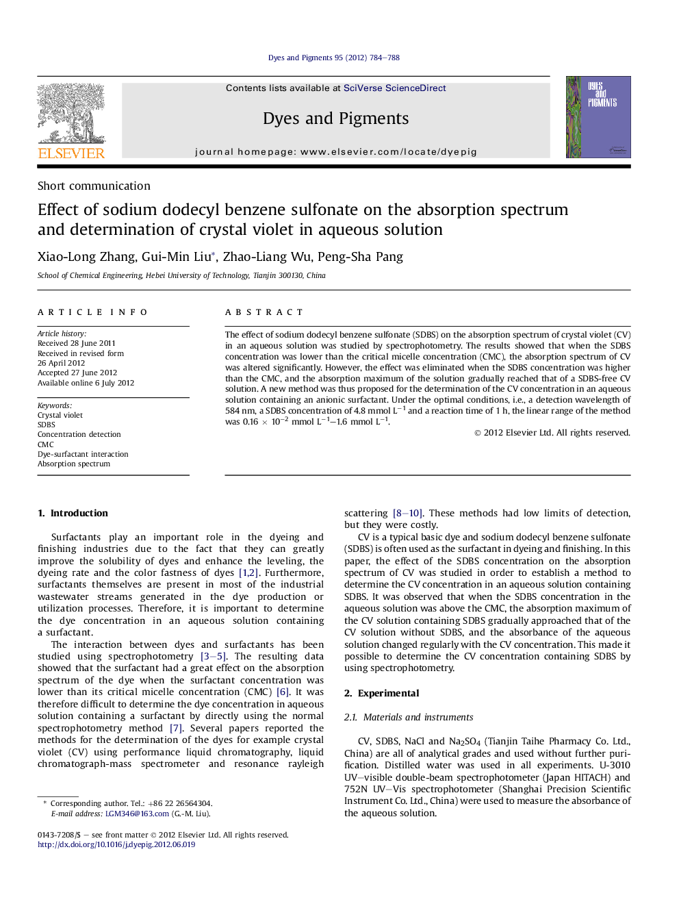 Effect of sodium dodecyl benzene sulfonate on the absorption spectrum and determination of crystal violet in aqueous solution