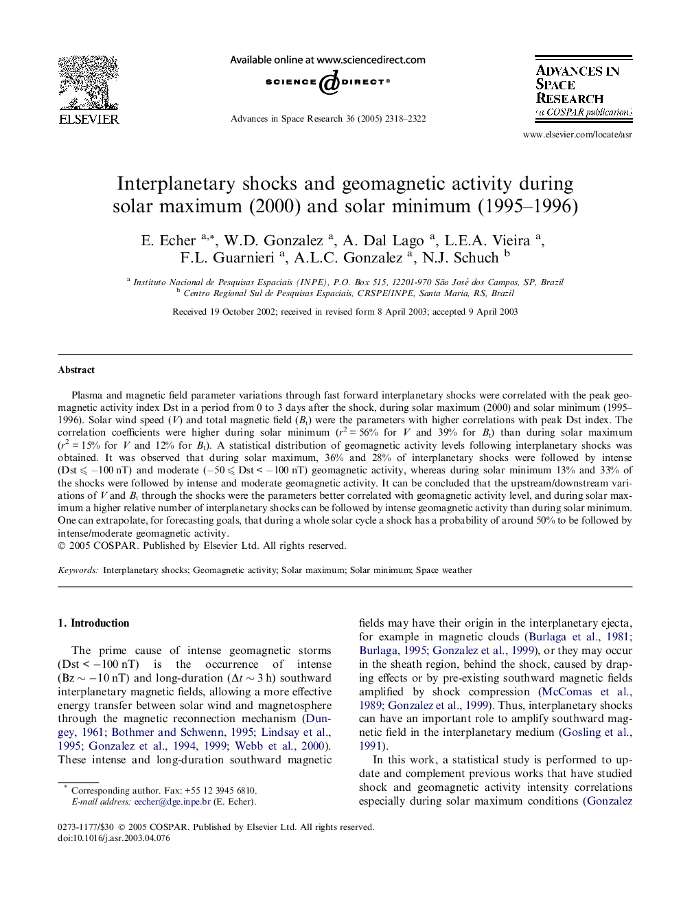 Interplanetary shocks and geomagnetic activity during solar maximum (2000) and solar minimum (1995–1996)