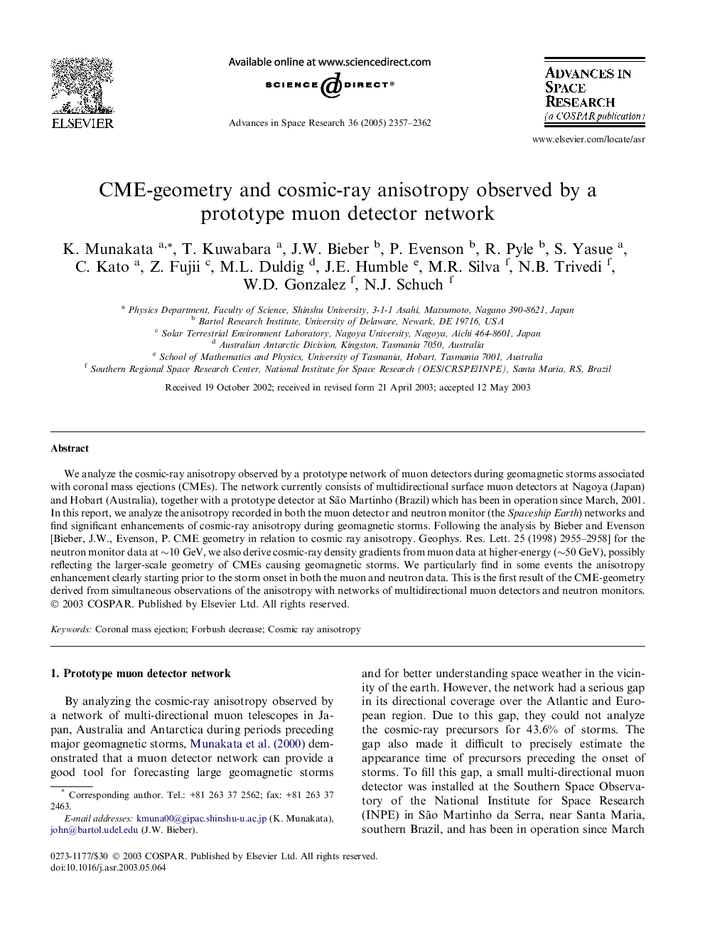 CME-geometry and cosmic-ray anisotropy observed by a prototype muon detector network