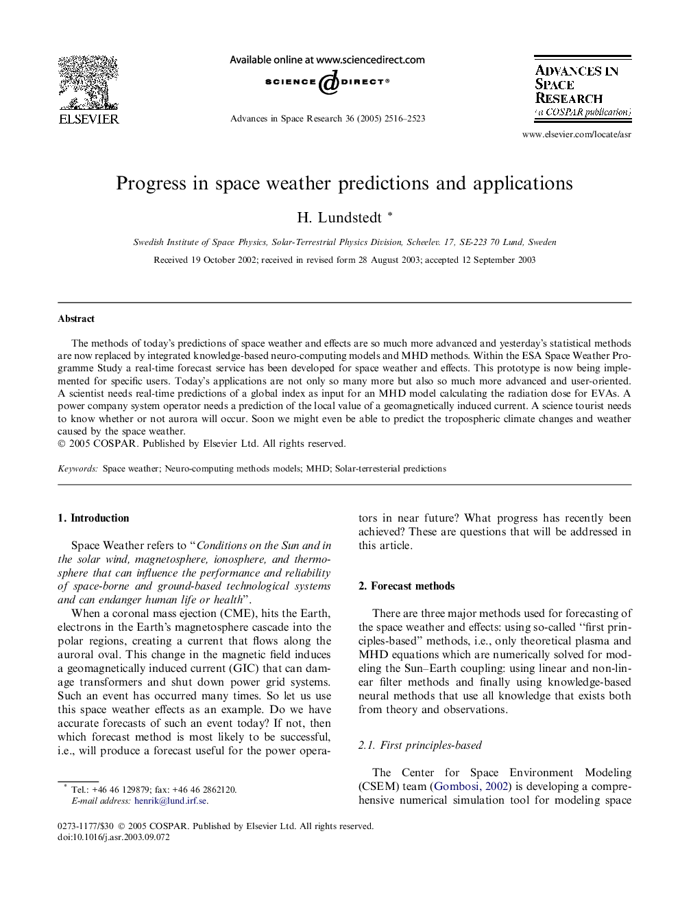 Progress in space weather predictions and applications