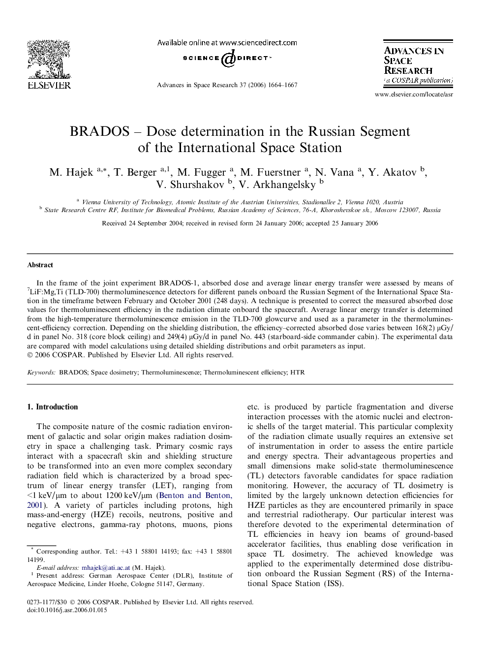 BRADOS – Dose determination in the Russian Segment of the International Space Station