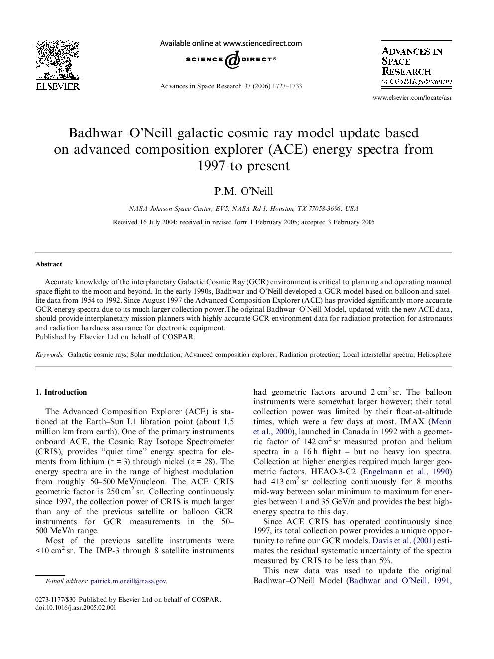 Badhwar–O’Neill galactic cosmic ray model update based on advanced composition explorer (ACE) energy spectra from 1997 to present