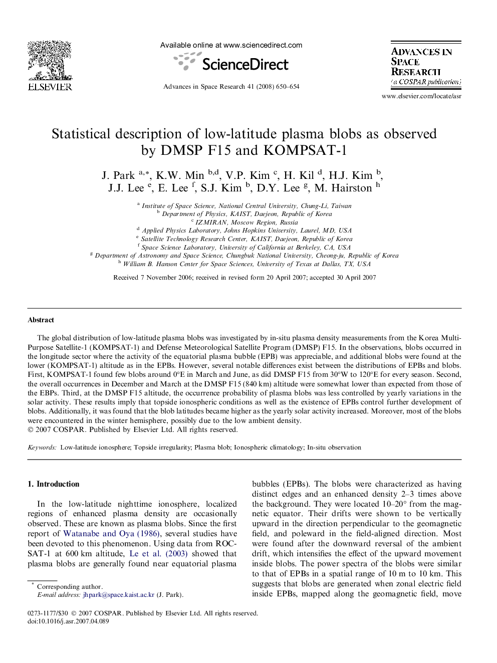 Statistical description of low-latitude plasma blobs as observed by DMSP F15 and KOMPSAT-1