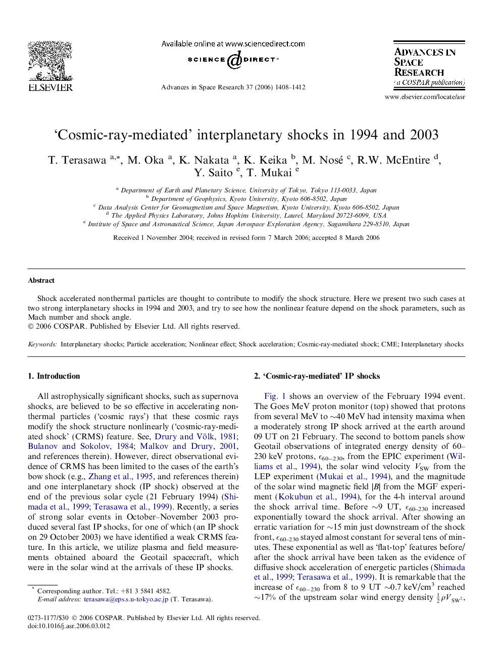 ‘Cosmic-ray-mediated’ interplanetary shocks in 1994 and 2003