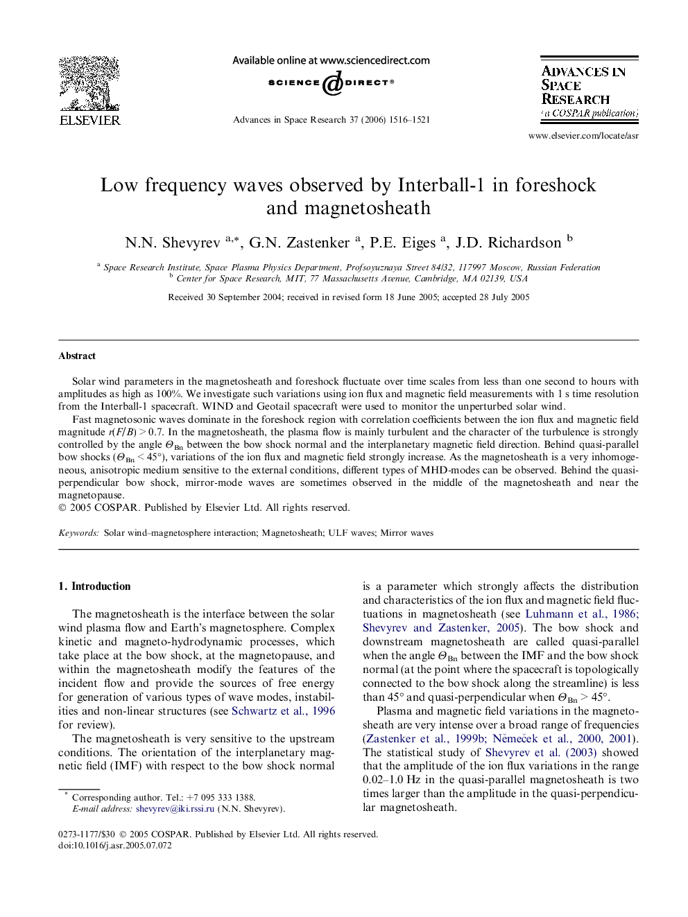 Low frequency waves observed by Interball-1 in foreshock and magnetosheath