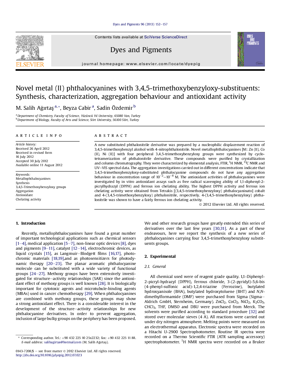 Novel metal (II) phthalocyanines with 3,4,5-trimethoxybenzyloxy-substituents: Synthesis, characterization, aggregation behaviour and antioxidant activity