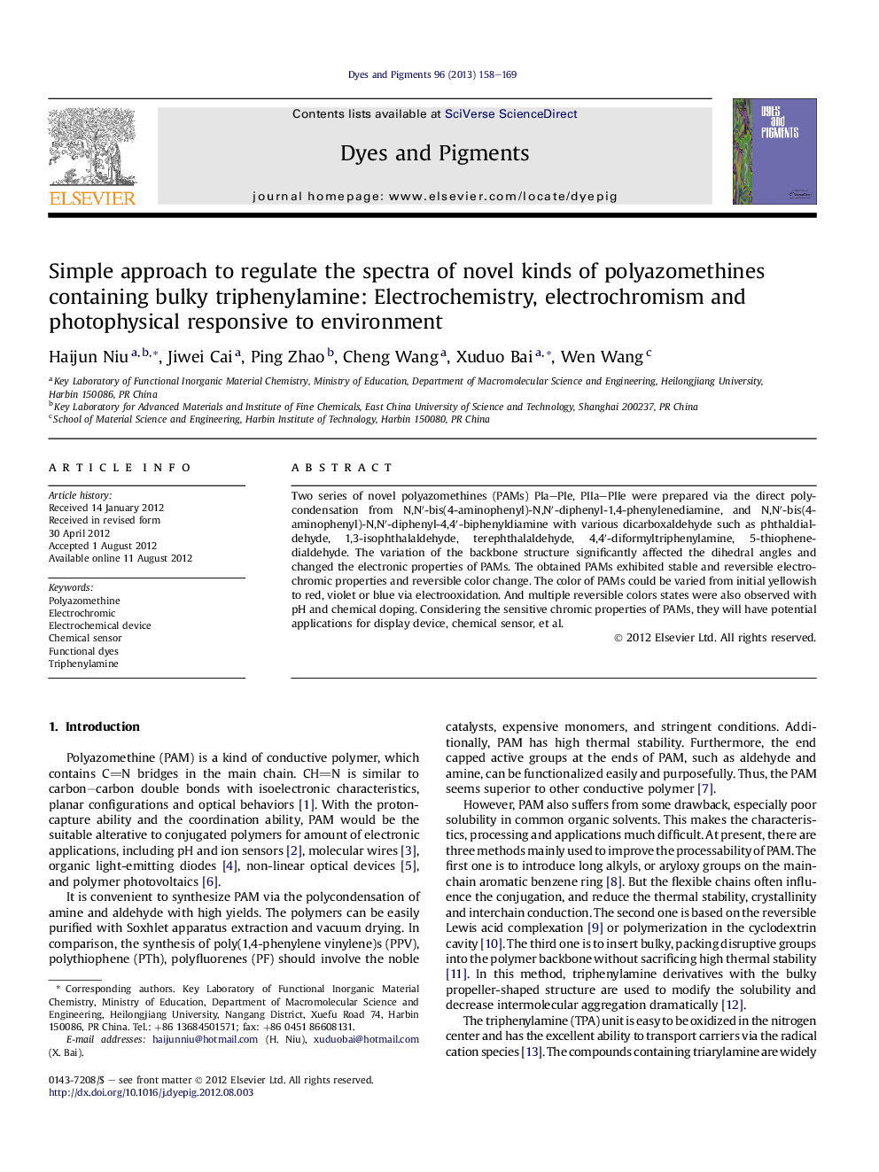 عکس صفحه اول مقاله: Simple approach to regulate the spectra of novel kinds of polyazomethines containing bulky triphenylamine: Electrochemistry, electrochromism and photophysical responsive to environment Simple approach to regulate the spectra of novel kinds of polyazomethines containing bulky triphenylamine: Electrochemistry, electrochromism and photophysical responsive to environment