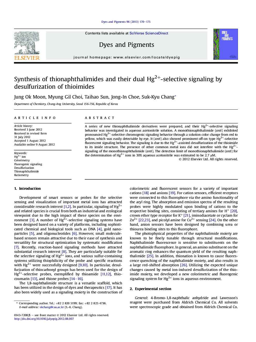 Synthesis of thionaphthalimides and their dual Hg2+-selective signaling by desulfurization of thioimides