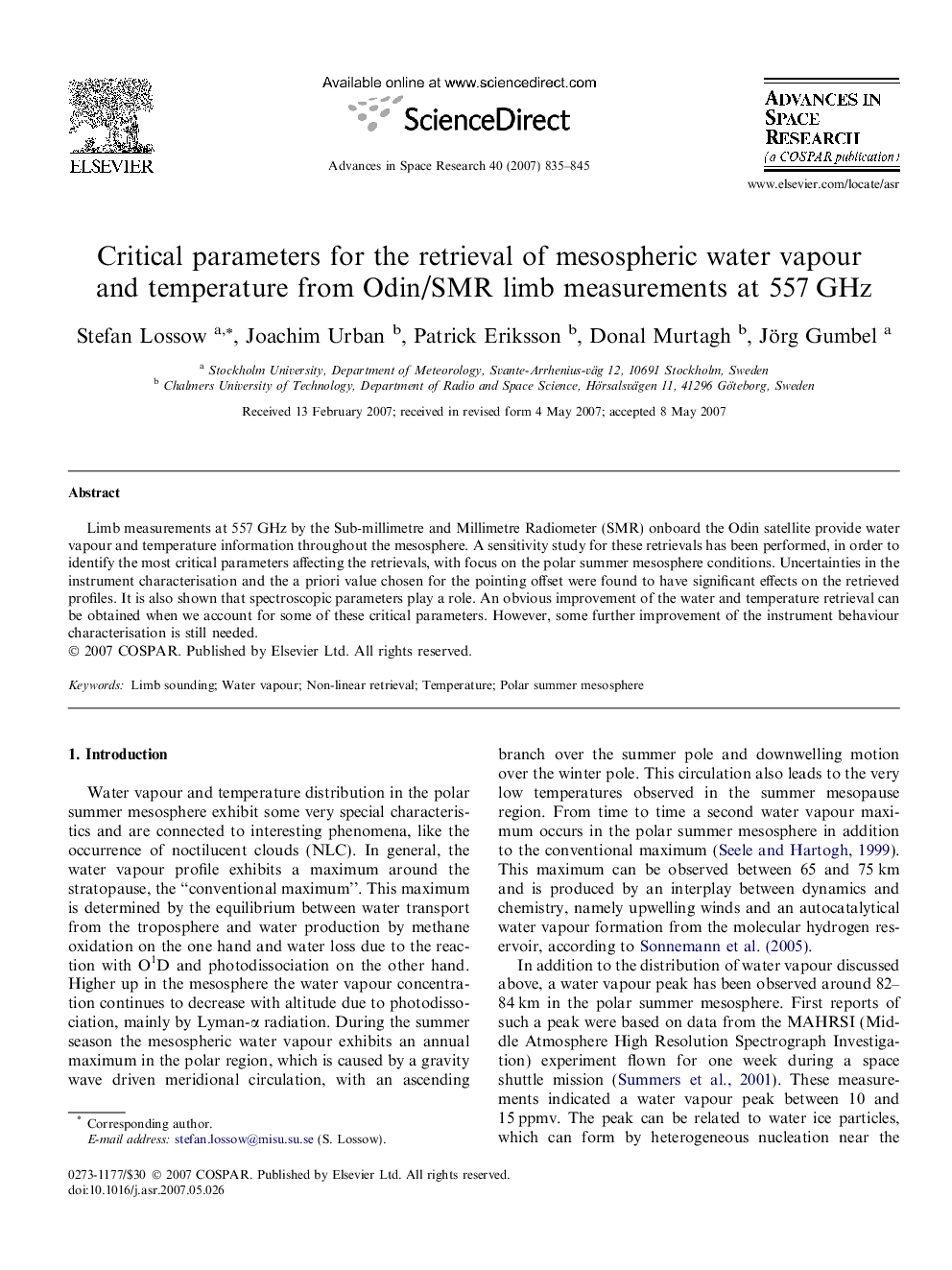 Critical parameters for the retrieval of mesospheric water vapour and temperature from Odin/SMR limb measurements at 557Â GHz