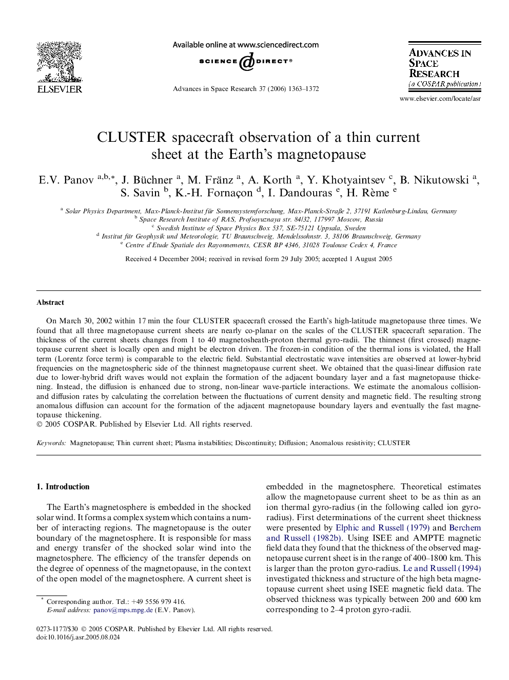 CLUSTER spacecraft observation of a thin current sheet at the Earth’s magnetopause