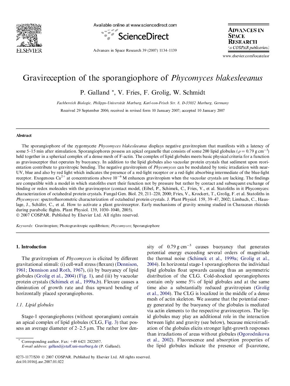 Gravireception of the sporangiophore of Phycomyces blakesleeanus