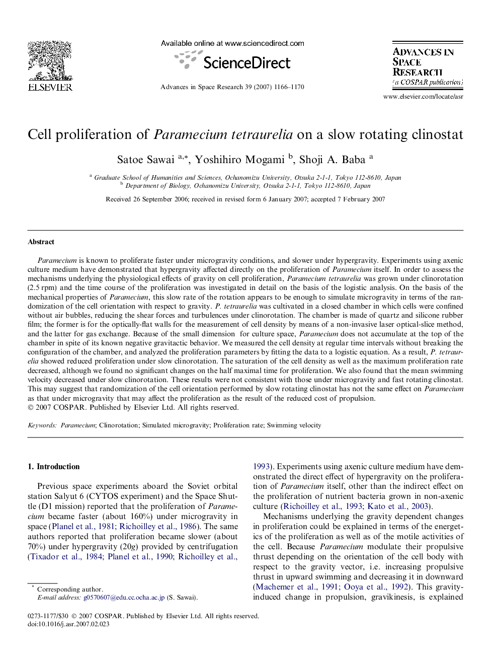 Cell proliferation of Paramecium tetraurelia on a slow rotating clinostat