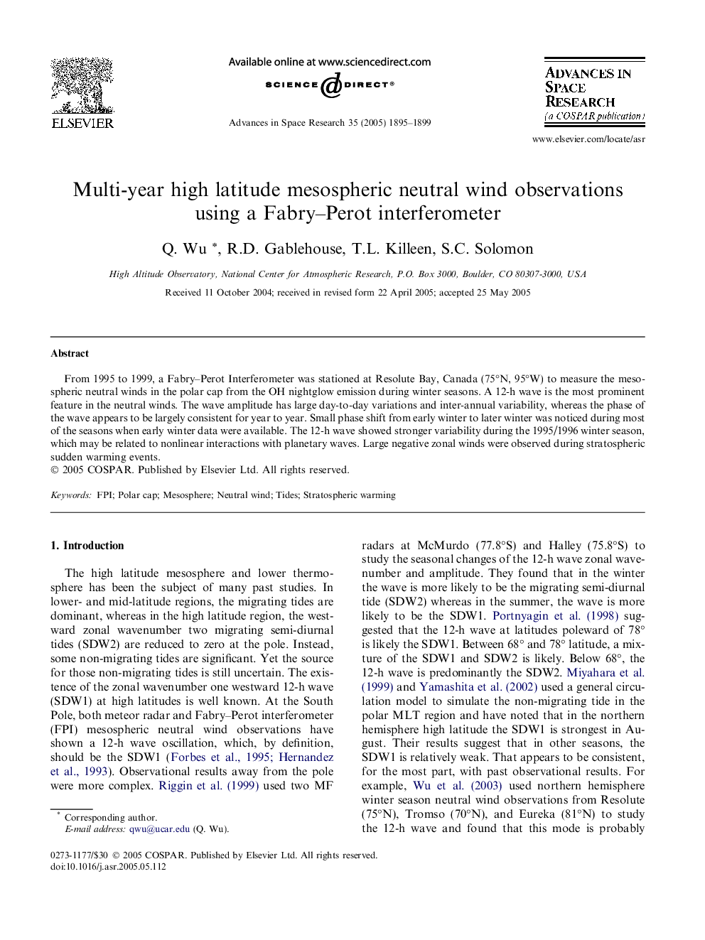 Multi-year high latitude mesospheric neutral wind observations using a Fabry-Perot interferometer