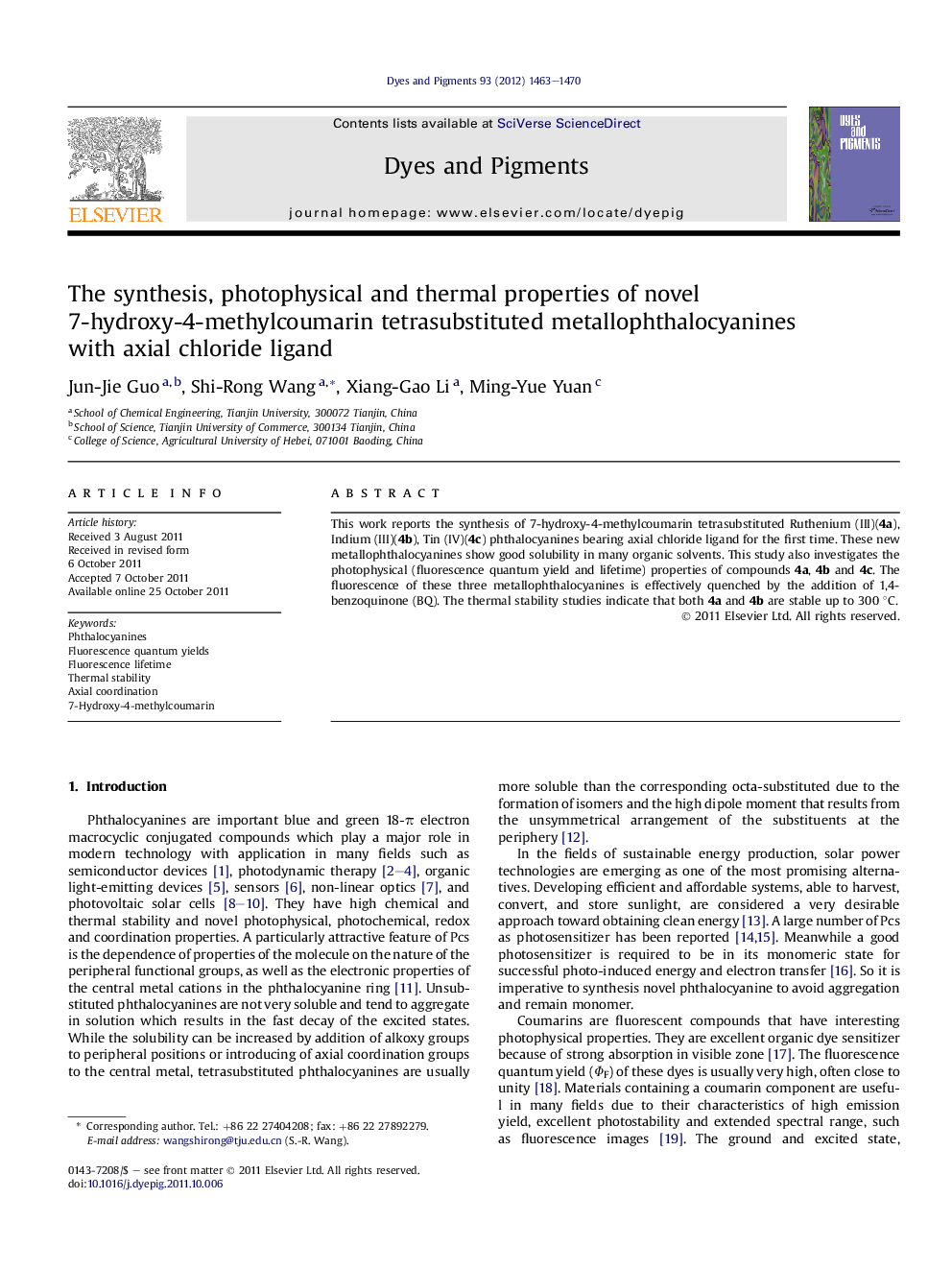 The synthesis, photophysical and thermal properties of novel 7-hydroxy-4-methylcoumarin tetrasubstituted metallophthalocyanines with axial chloride ligand