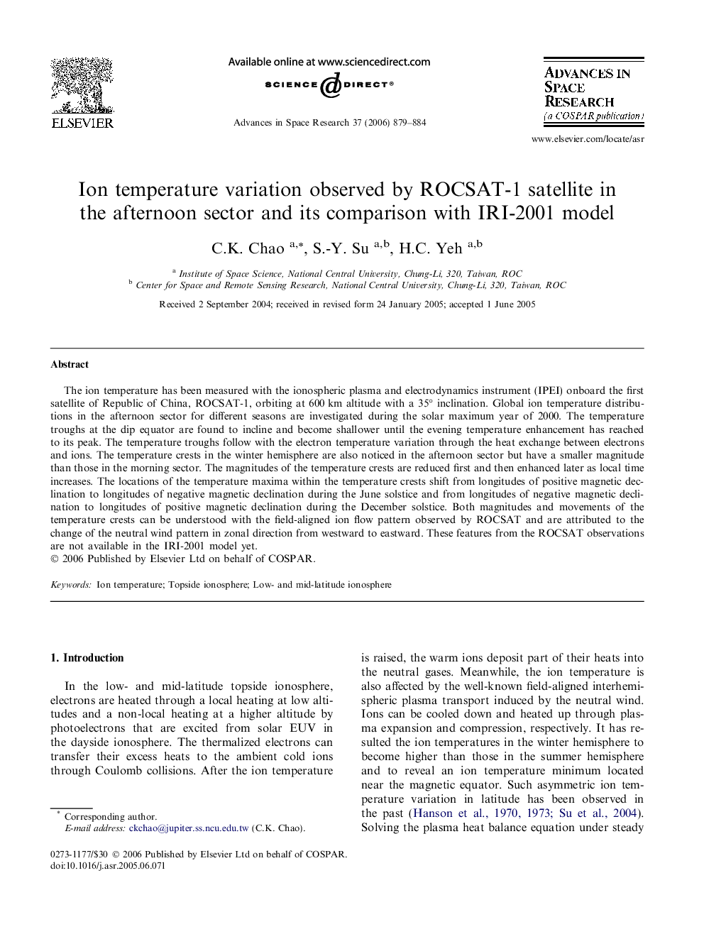 Ion temperature variation observed by ROCSAT-1 satellite in the afternoon sector and its comparison with IRI-2001 model