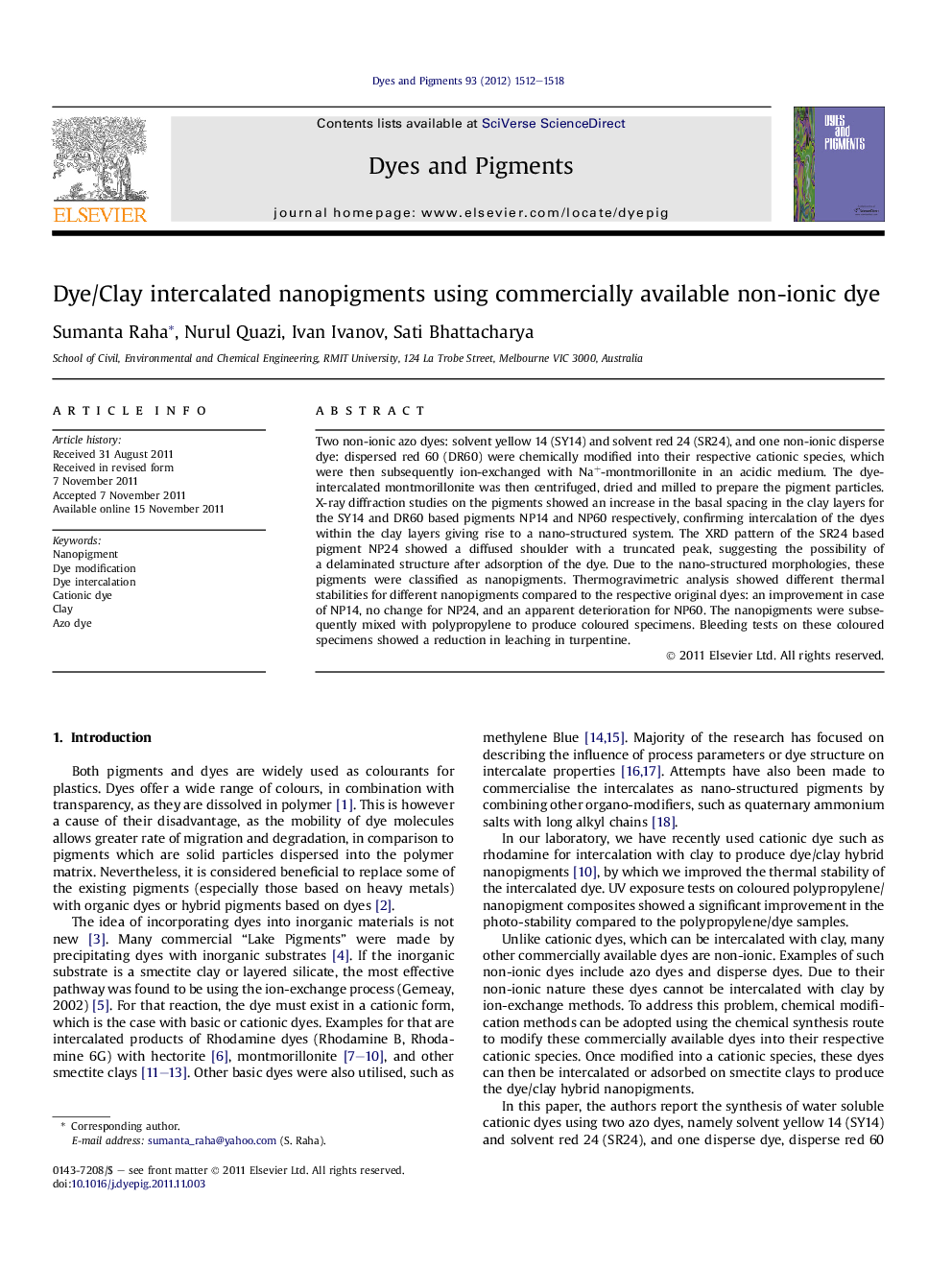 Dye/Clay intercalated nanopigments using commercially available non-ionic dye